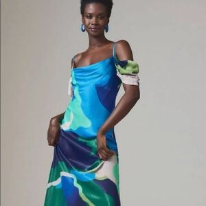 Anthropologie Bl-nk Painterly Off-Shoulder Slip Dress Blue size Large EUC